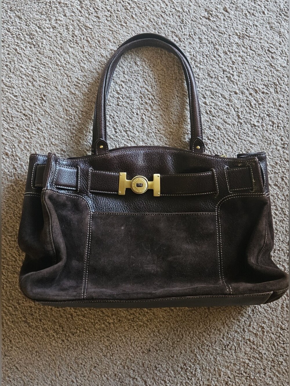 Cole Haan Dark Brown Suede & Leather Shoulder Bag with Gold Accent